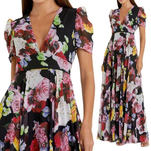 Mac Duggal 55933 Size 14 Black Floral Print V-Neck Cap Sleeve Maxi Dress Gown - Picture 1 of 6